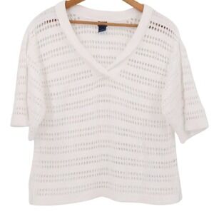 IZOD Womens White Open Knit Crochet V-Neck Short Sleeve Sweater Top Large